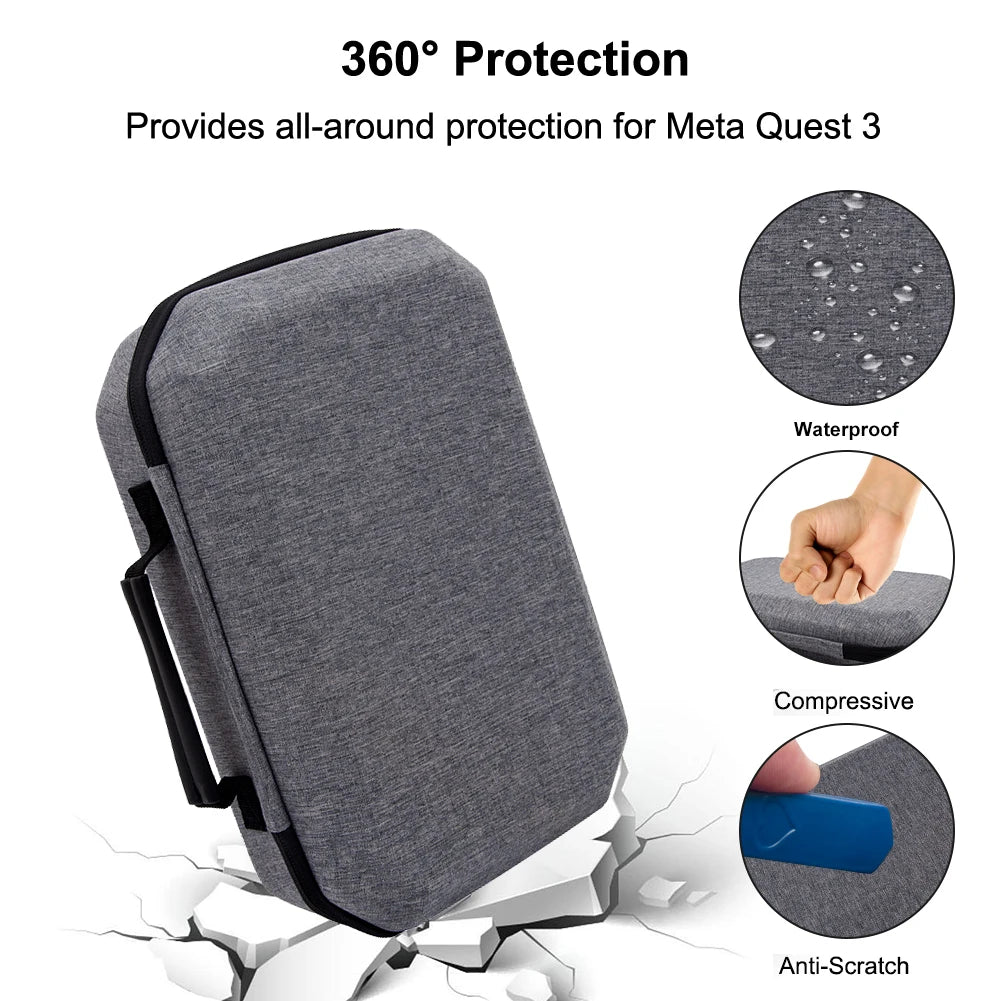 Hard Carry Case with Lens Cover for Meta Quest 3 VR Headset Game Controller Waterproof Travel Home Storage Bag Mesh Pocket